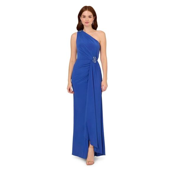 Adrianna Papell Womens Embellished One Shoulder Blue Evening Dress Gown NWT 6 - Picture 1 of 7
